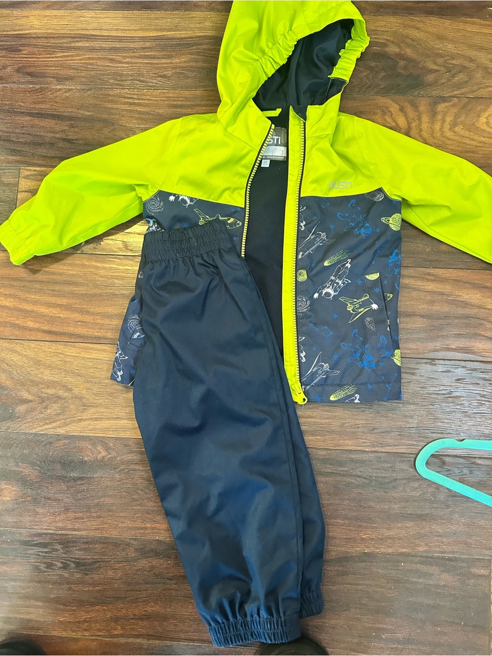 Gustin Lime & Navy Space-Print Kids Rain Jacket and Pants Set